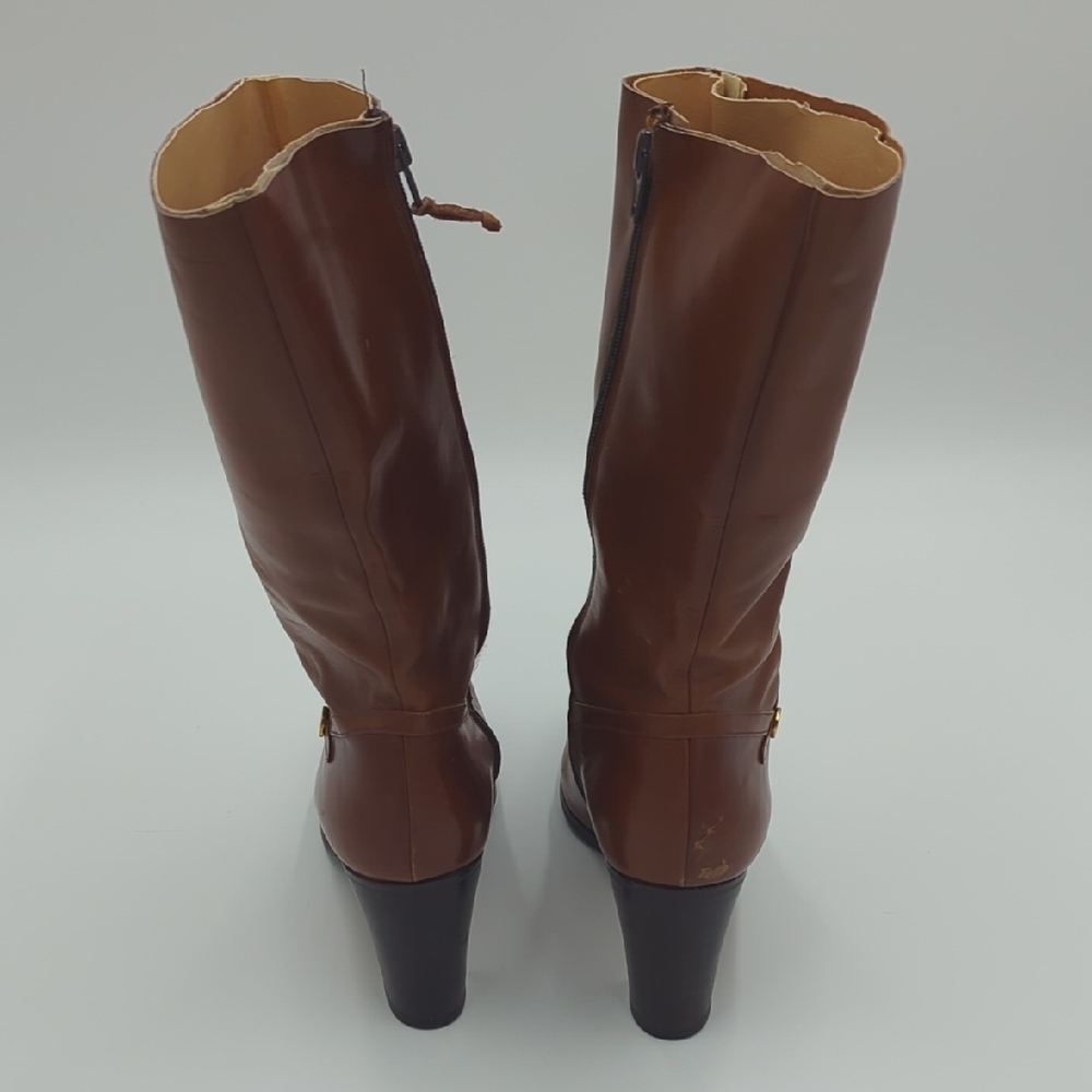 Vintage Ferragamo Leather Heeled Boots 10M Mid Calf Zip Up Classic Gold Upcycled - Picture 4 of 12